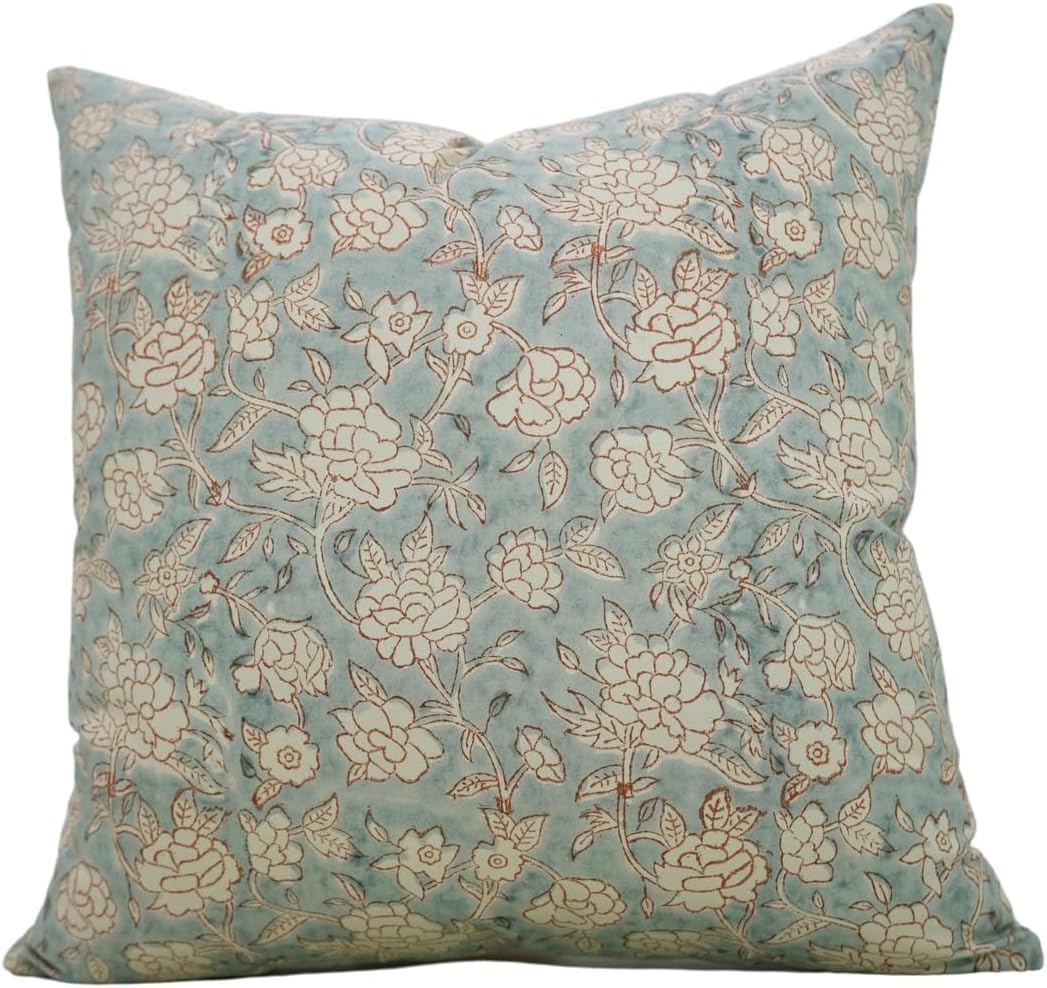 Handmade Block Print Cotton Satin 20"X20" Throw Pillowcase Cushion Cover, Home Décor, Living Room, Sustainable for Sofa and Couch, Fall Decoration, Floral Printed, Mrignayani, Blue