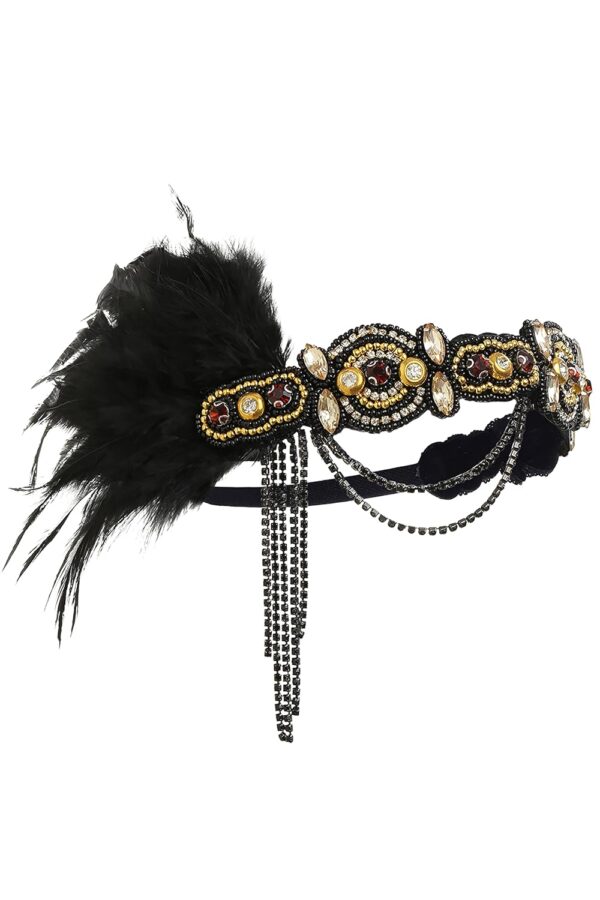 BABEYOND 1920s Flapper Headband Roaring 20s Gatsby Headpiece Black Feather Headband 1920s Flapper Hair Accessories (Gold) - Image 5