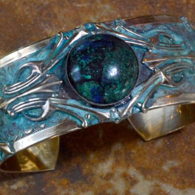 Elaine Coyne Wearable Art Patina Art Deco Motif Cuff Bracelet - Chrysocolla
