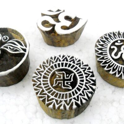 Pack of Four : Swastik, Aum and Buddha Eyes Wooden Block Stamps/Tattoo/Indian Textile Printing Blocks