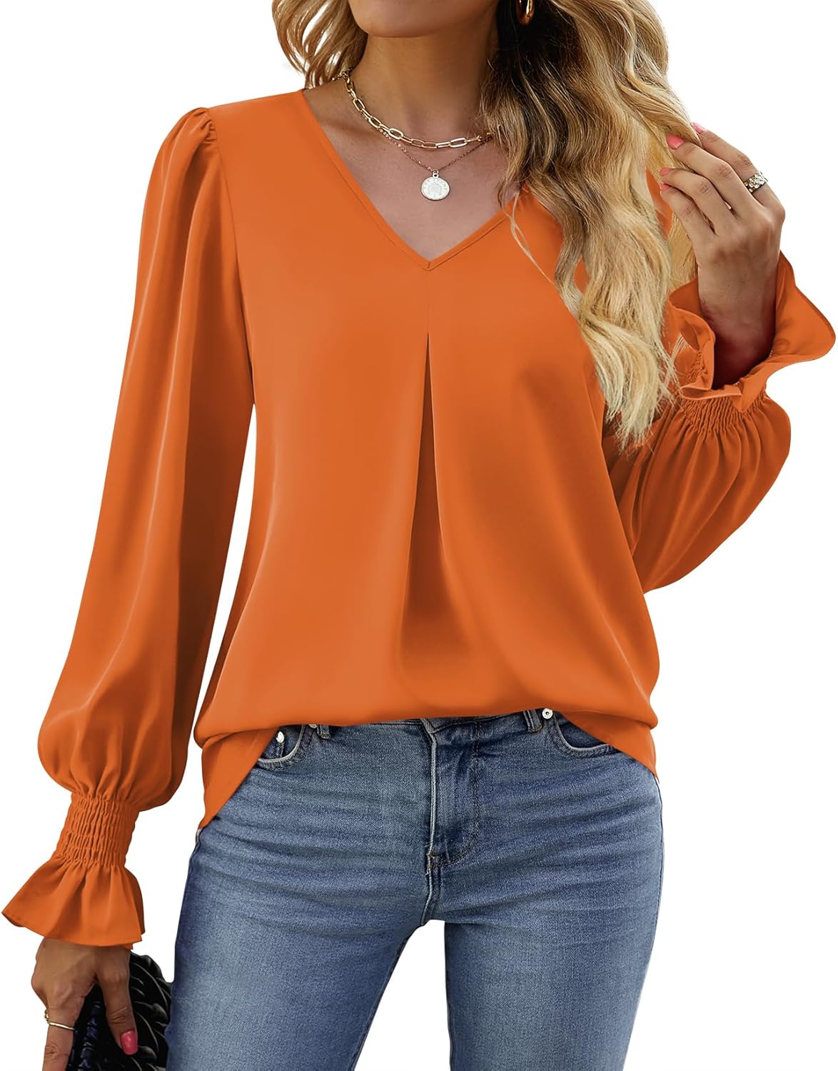 Funlingo Women's 2024 Long Sleeve Tops Dressy Casual V Neck Tunic Shirts Loose Chiffon Work Blouse - Image 6