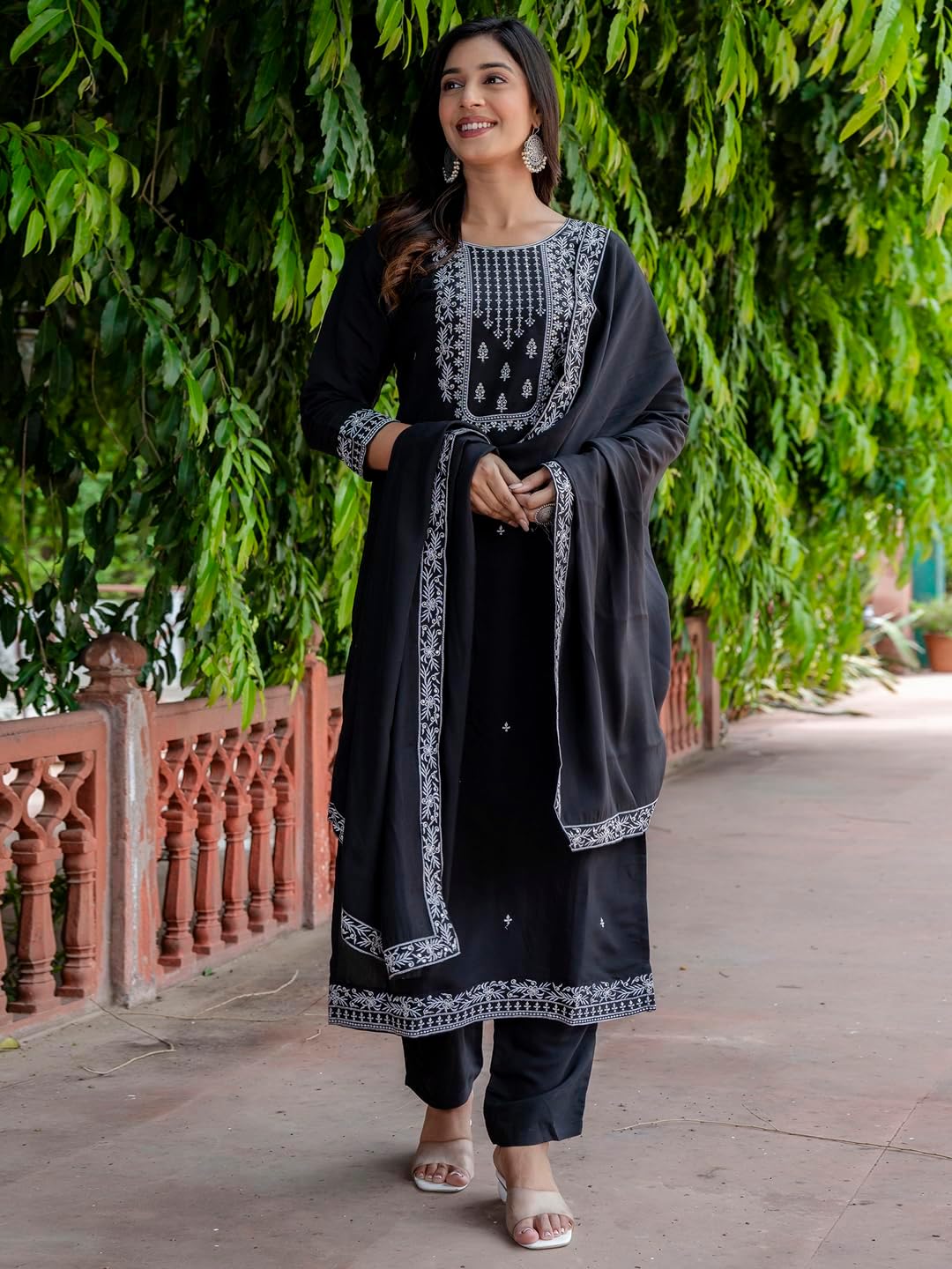 VredeVogel Women's Kurta Pant Set with Dupatta | Embroidered Viscose Roman Silk Kurta Set for Women - Image 2