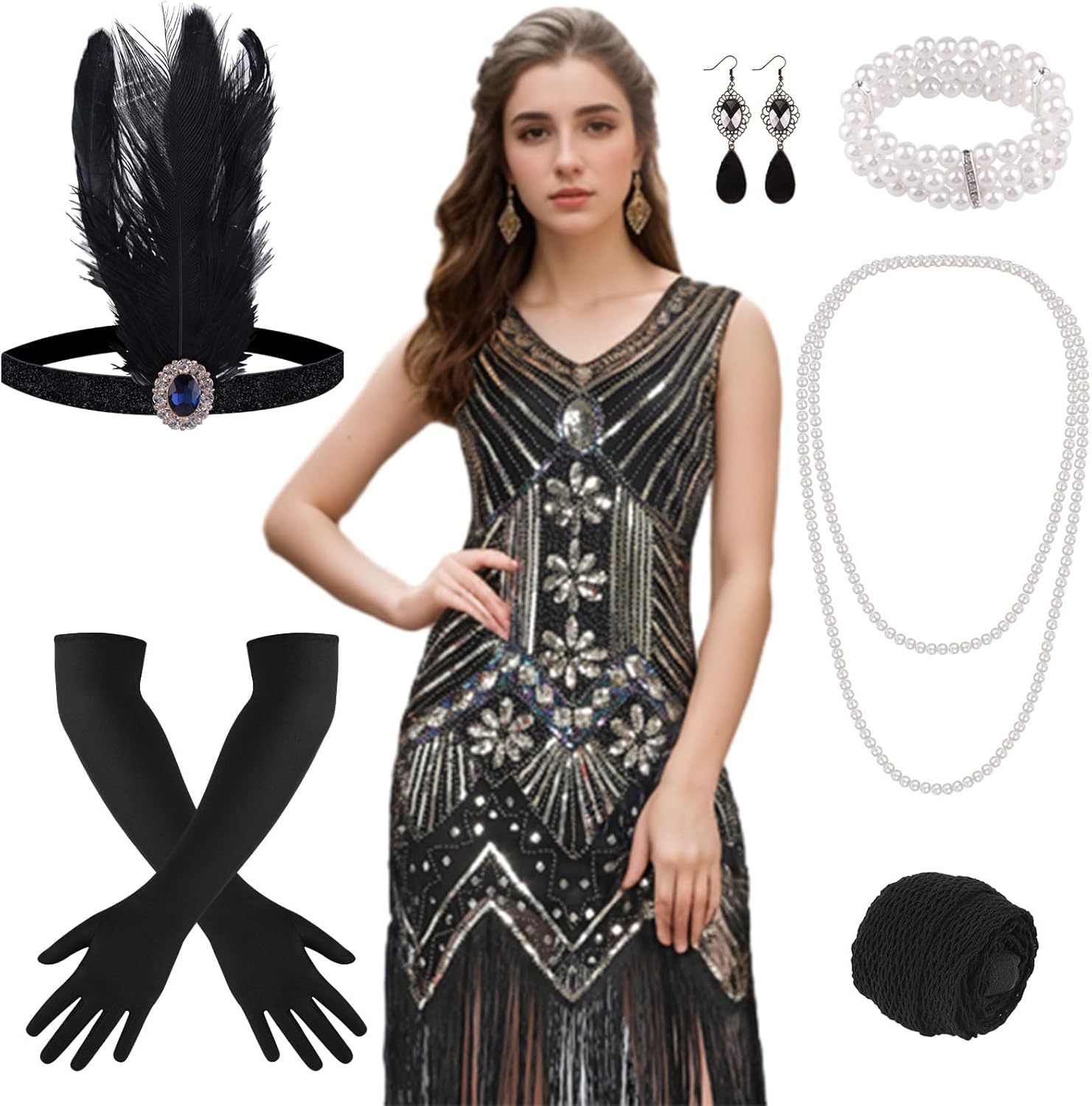 FEPITO 1920s Flapper Dresses for Women, Fringed Sequin Great Gatsby Dress for Women with 20s Accessories, Roaring 20s Costume