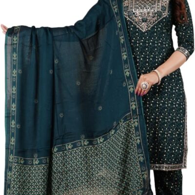 Women's Ethnic Wear Rayon Straight Embridered Kurti Pant Set with Dupatta