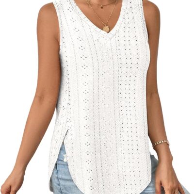 XIEERDUO Womens Tank Tops V Neck Eyelet Embroidery Casaul Sleeveless Shirts