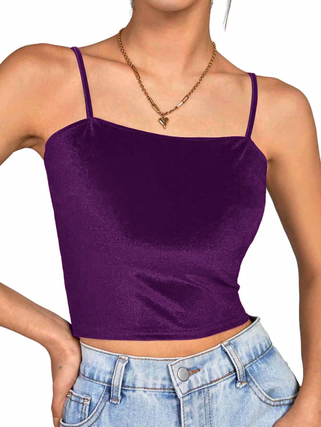 Vrtige Women's Velvet Spaghetti Strap Sleeveless Cami Tank Crop Top