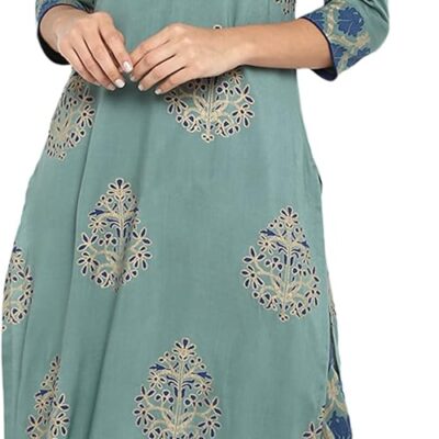 Janasya Indian Women's Sea Green Printed Kurta with Pant