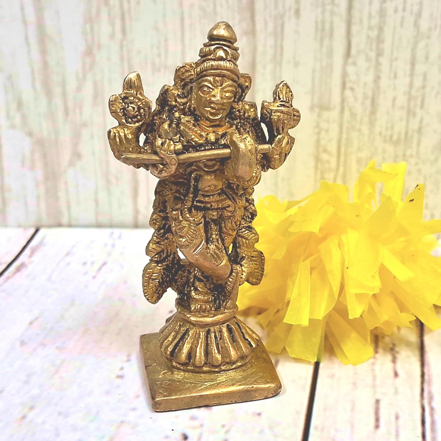 Purpledip Brass Idol Lord Krishna: Small Statue for Home Temple, Office Table, or Shop Counter (11983)