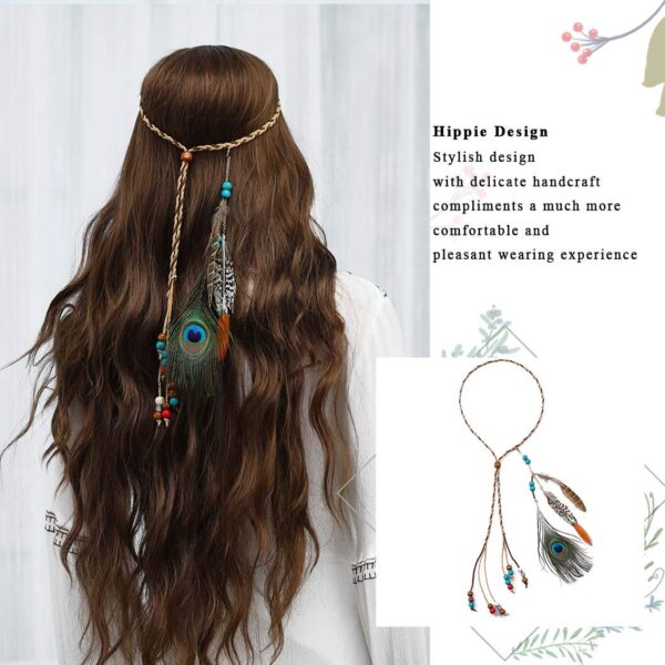 Boho Peacock Feather Headband Indian Headbands Hippie Feather Headdress Adjustable Rope Hair Accesoories for Women and Girls - Image 8