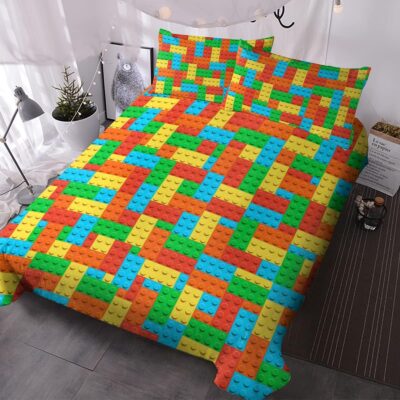 BlessLiving Boys Twin Size Bedding Set Colorful Plastic Toy Building Blocks Duvet Cover Set 3 Piece Toy Construction Building Blocks Printed Comforter Cover Set for Teens Kids Boys Girls (Twin)