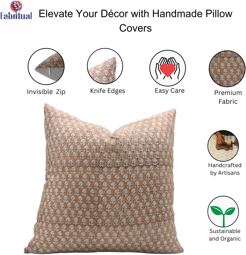 Handcraft Block Print 22X22 Throw Pure Linen with Hidden Zipper Pillowcase Cushion Cover, Summer Decoration for Sofa, Couch, Outdoor, Balcony, Living Room, Farmhouse, Tarangini, Dark Brown - Image 4