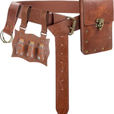 Medieval Alchemy Belt Potion Bottle Waist Pouch Skirt Hikes Set Renaissance Costume Accessories for LARP Cosplay Costume Christmas Gifts (3Bottles-Brown)