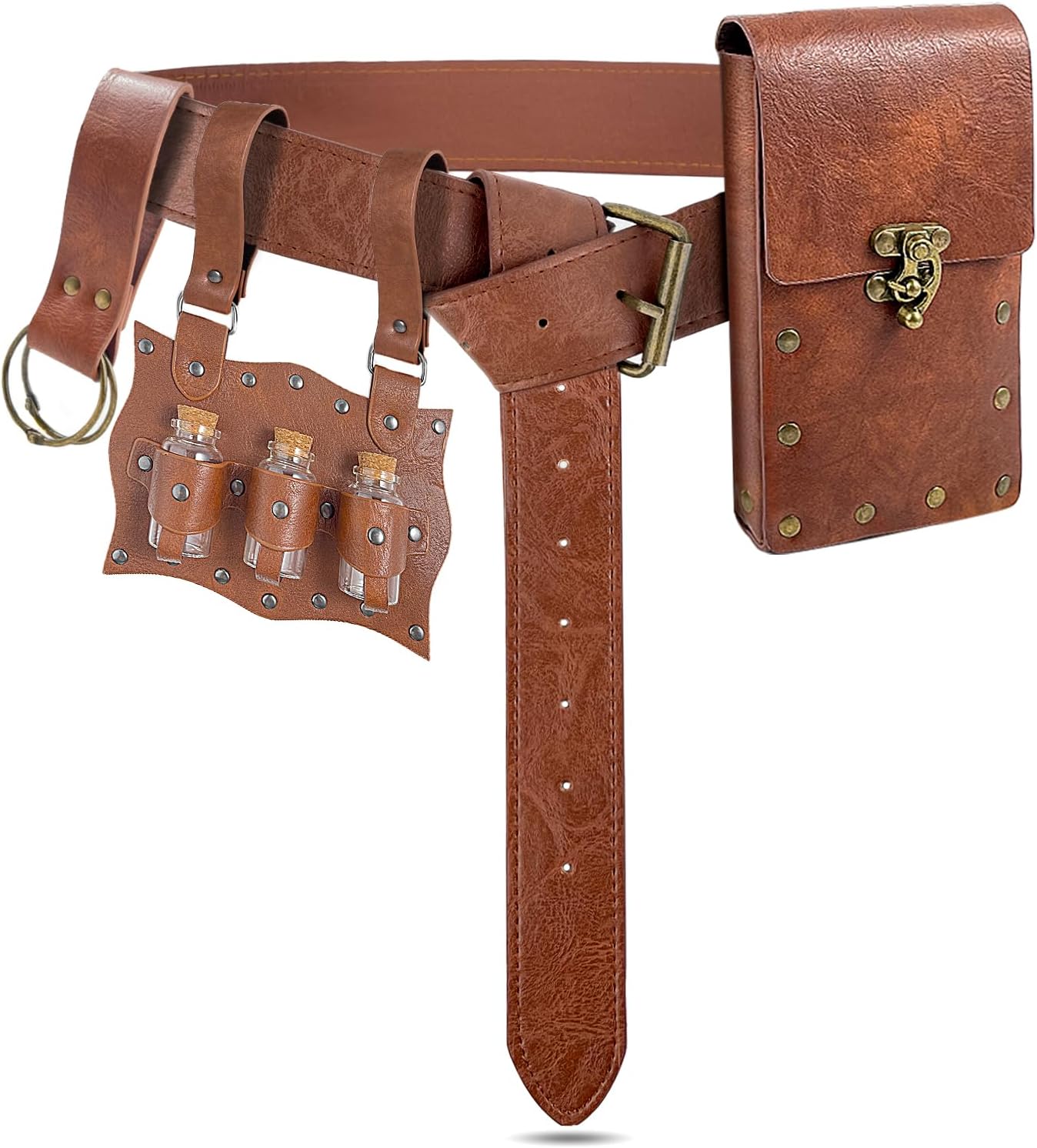 Medieval Alchemy Belt Potion Bottle Waist Pouch Skirt Hikes Set Renaissance Costume Accessories for LARP Cosplay Costume Christmas Gifts (3Bottles-Brown)