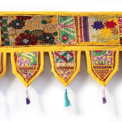Indian Handmade Traditional Embroidered Toran Cotton Thoranam Door Living Room Decor Bandanwar Home Valance Decorations Window Hanging Bohemian Wall Ethnic Decorative Vintage (Yellow 1 Meter)