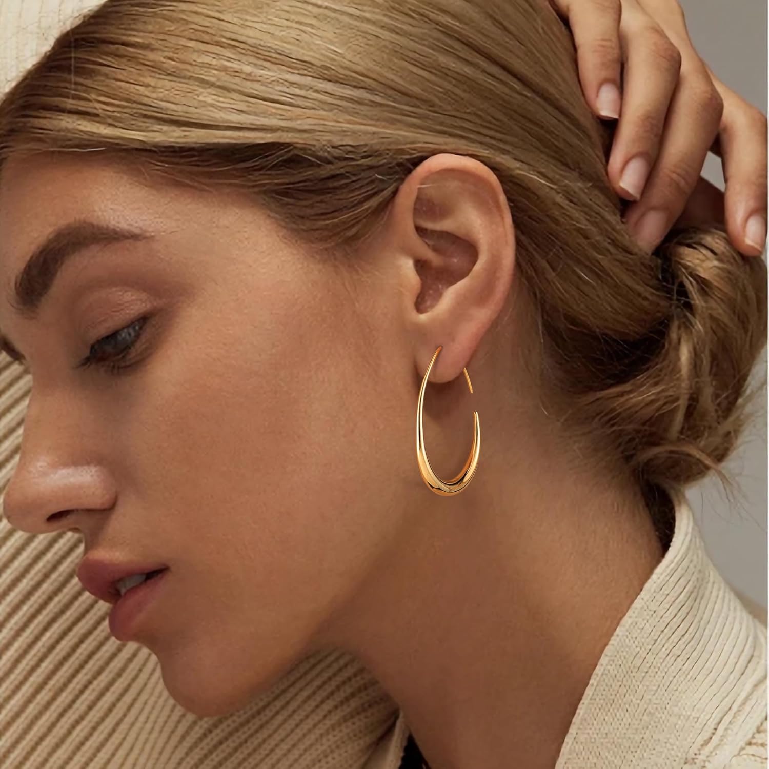 Gacimy Teardrop Hoop Earrings for Women, 14K Gold Plated Oval Pull Through Hoop Earrings for Women, Gold Drop Hoop Earrings for Women - Image 3