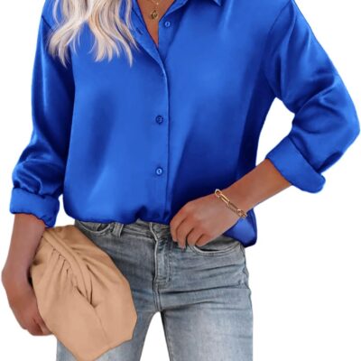 Chigant Women's Blouse Satin Silk Shirts Button Down Shirts Casual Loose Long Sleeve Office Work Tunic Tops