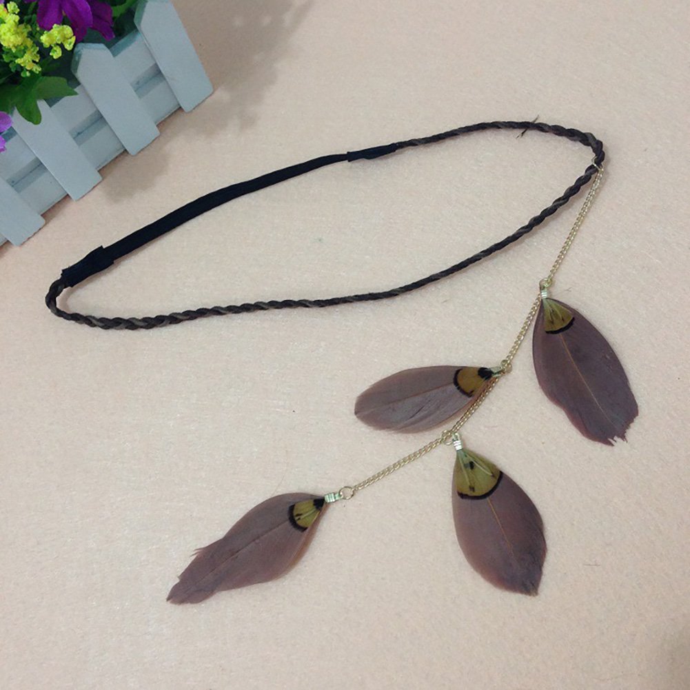 Fodattm Women Lady Bohemian Tassels Hairband Headwear Hippie Feather Headband Hair Hoop Handmade Indian Fascinator Headband Hair Bands Headdress Hair Accessories (Coffee) - Image 3