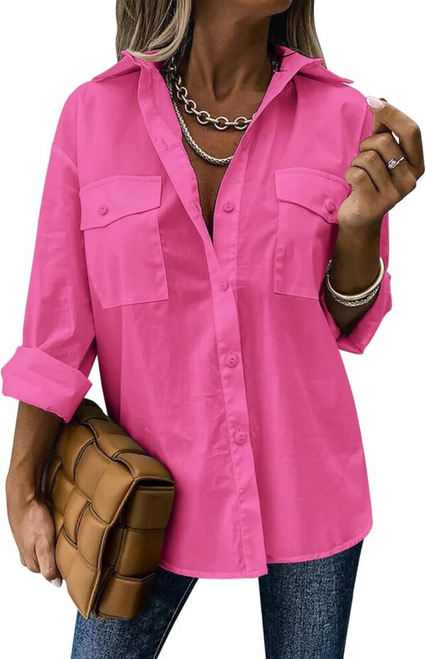 Zeagoo Womens Button Down Shirts Casual Long Sleeve Drop Shoulder Blouses Solid Color Dress Shirts with Pockets