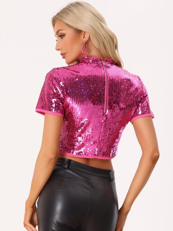 Allegra K Women's Sequin Crop Top Sparkle Glitter Short Sleeve Shinning T Shirt Club Blouse - Image 4