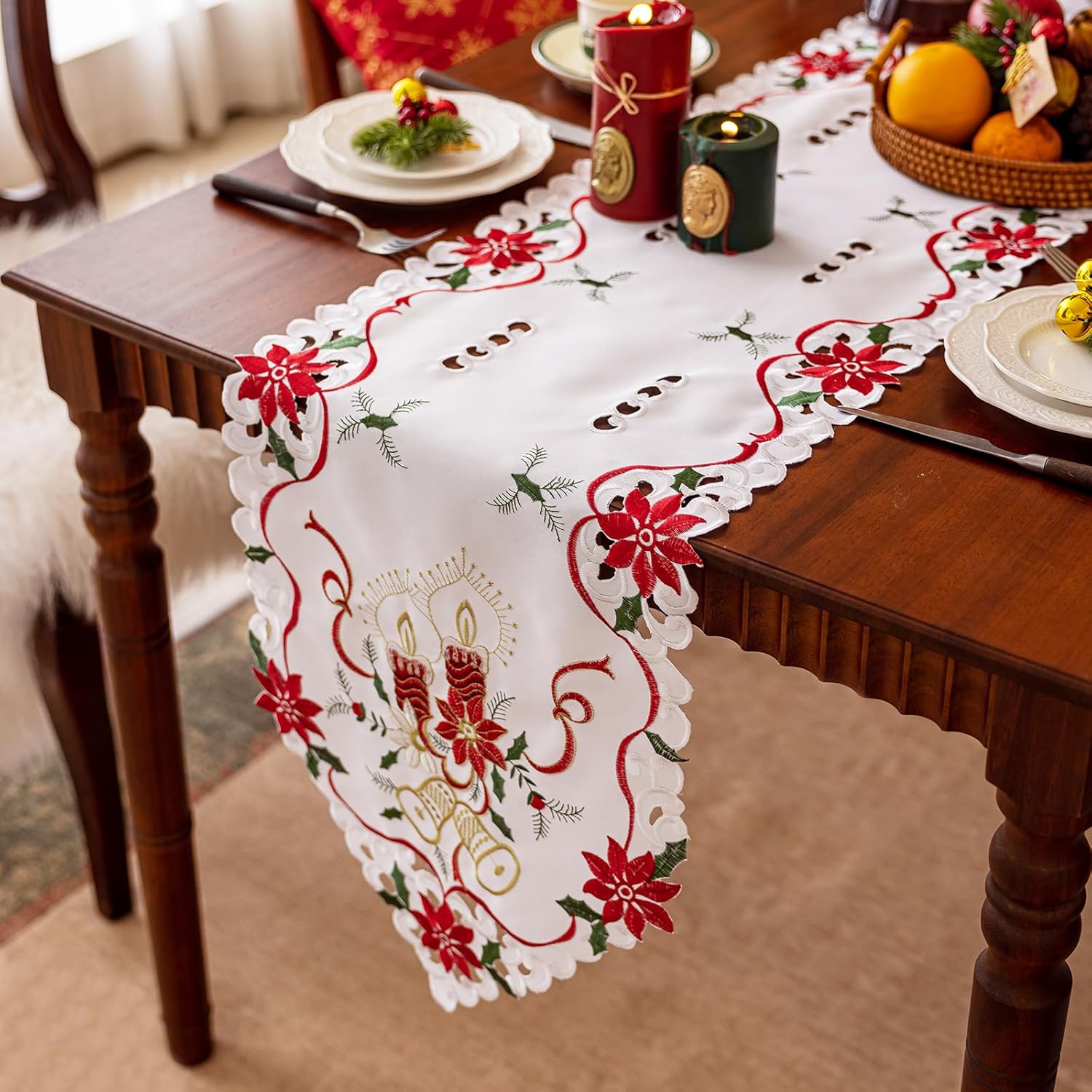 Joyfol Day Christmas Embroidered Table Runner 14 x 33 Inch, Cutwork Poinsettia Holly Leaves Candle Bell Table Runners, Tabletop Decoration for Winter Holiday Xmas/Dinner Party - Image 7