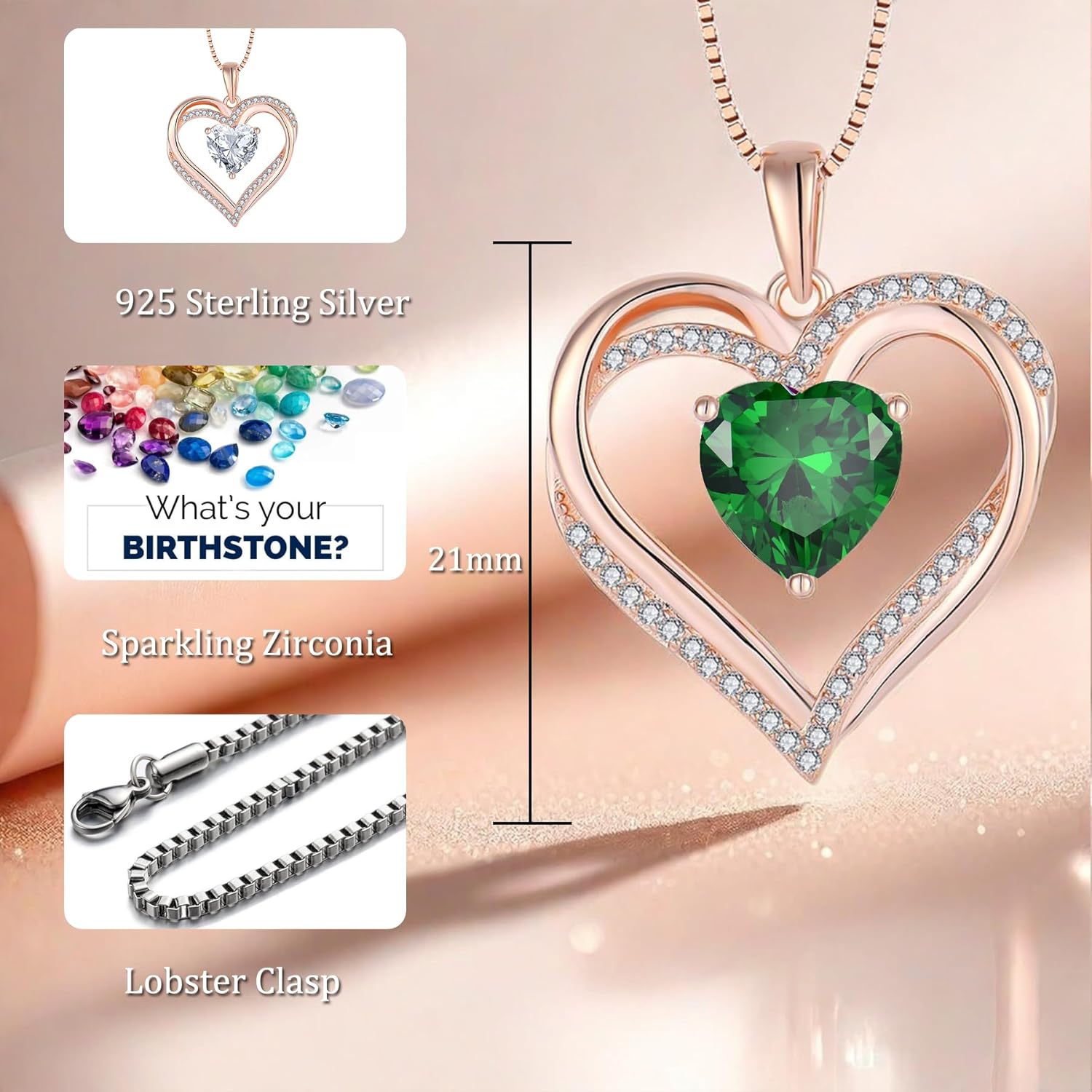 Heart Earrings Necklace Set 925 Sterling Silver Women Earrings 3A Cubic Zirconia May Birthstone Emerald Heart stone Dangle Drop Earrings Pendant for Women - Image 5
