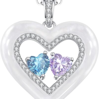LOUISA SECRET Christmas Gifts for Women, Shell Double Heart Birthstone Necklaces for Women, 925 Sterling Silver Fine Jewelry, Ideal Anniversary or BirthGifts for Wife Mom Girlfriend Lady