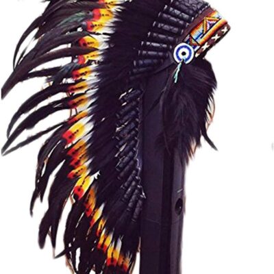 The World Of Feathers Medium Double Feather Headdress Native American Style, Black, ONE SIZE