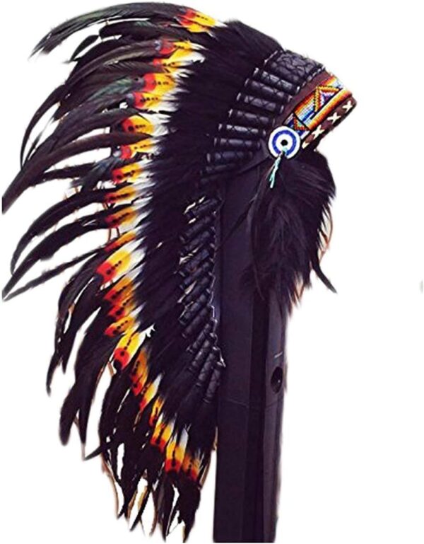 The World Of Feathers Medium Double Feather Headdress Native American Style, Black, ONE SIZE