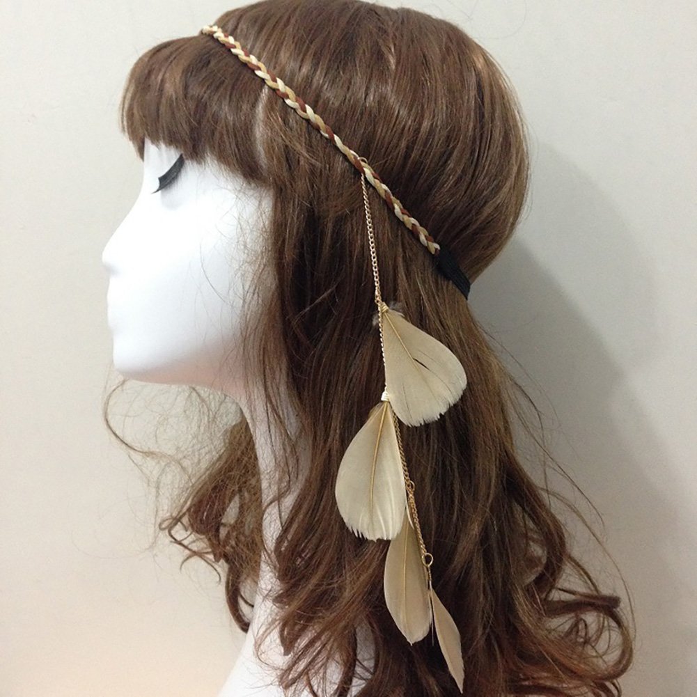 Fodattm Women Lady Bohemian Tassels Hairband Headwear Hippie Feather Headband Hair Hoop Handmade Indian Fascinator Headband Hair Bands Headdress Hair Accessories (khaki) - Image 2