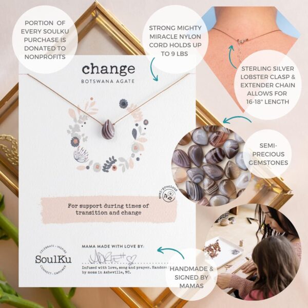 SoulKu Handcrafted Necklace, Empowerment Jewelry With Healing Crystal, Inspirational Jewelry For Women, Mom & Sister Gifts, 2" Extender With Lobster Clasp, 16" Nylon Cord (Change, Botswanna Agate) - Image 6