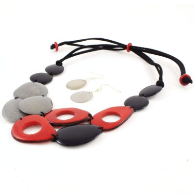 Black Red and Gray Bib Necklace and Earrings of Tagua, Chunky Bib, Handmade Fair Trade Eco Jewelry for Women