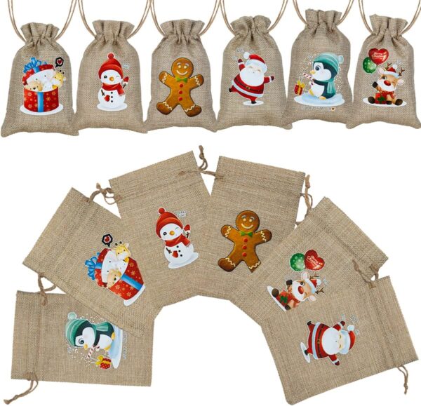 ARTLYMERS 24 Pack Christmas Jute Burlap Bags, Christmas Drawstring Gift Bags for Xmas Presents Holiday Party Favor Treats Candy, 6 Designs - Image 5