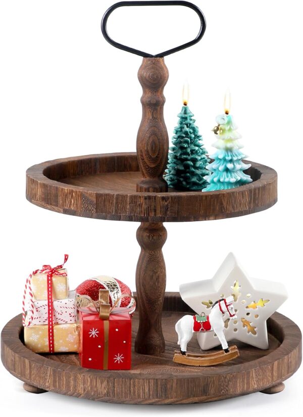 2 Tiered Tray, Rustic Round Farmhouse Style Decorative Tray, Dessert Stand Kitchen Island Decor, Wooden Serving Tray for Coffee Food Fruits Cupcakes, Home Decor Holiday Display, Dark Wood
