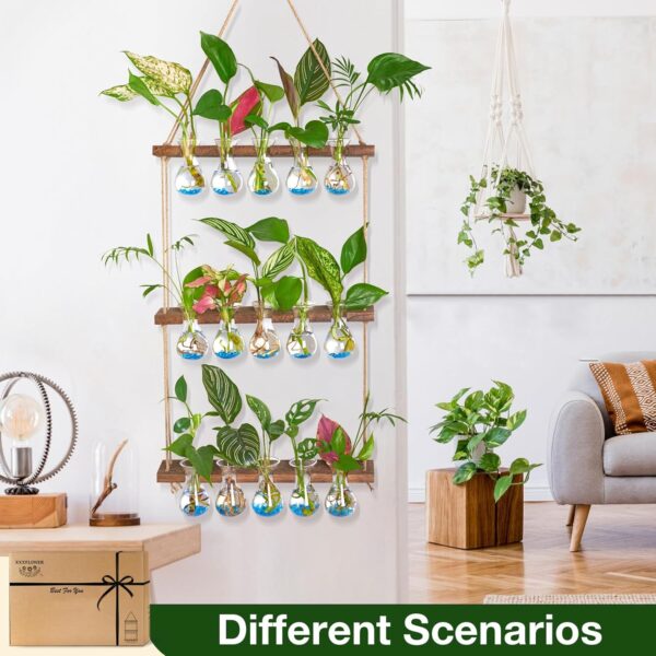XXXFLOWER Wall Hanging Propagation Station with Wooden Stand 5 Bulb Vase 3 Tiered Planters Wall Terrarium for Home Office Plant Hanger Flower Vases Wall Decor(Brown) - Image 4