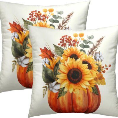 Fall Sunflower Pumpkin Pillow Cover Set of 2-18x18 Inch Autumn Flower Floral Harvest Seasonal Decorative Sofa Couch Cushion Case for Porch Patio Outdoor Indoor Home Decor