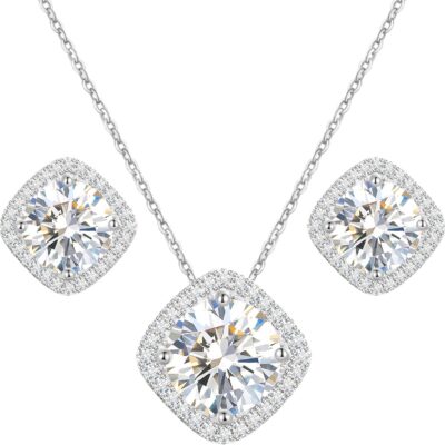 Square Moissanite Diamond Earrings and Necklace Set for Women/Men 18K White/Yellow Gold Sterling Silver Moissanite Jewelry Set for Bridal Wedding Birthday Anniversary Party