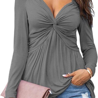 Tankaneo Women V-Neck Front Knotted Blouse Shirt Long Sleeve Elegant Casual T-Shirt Solid Color Pullover Tops