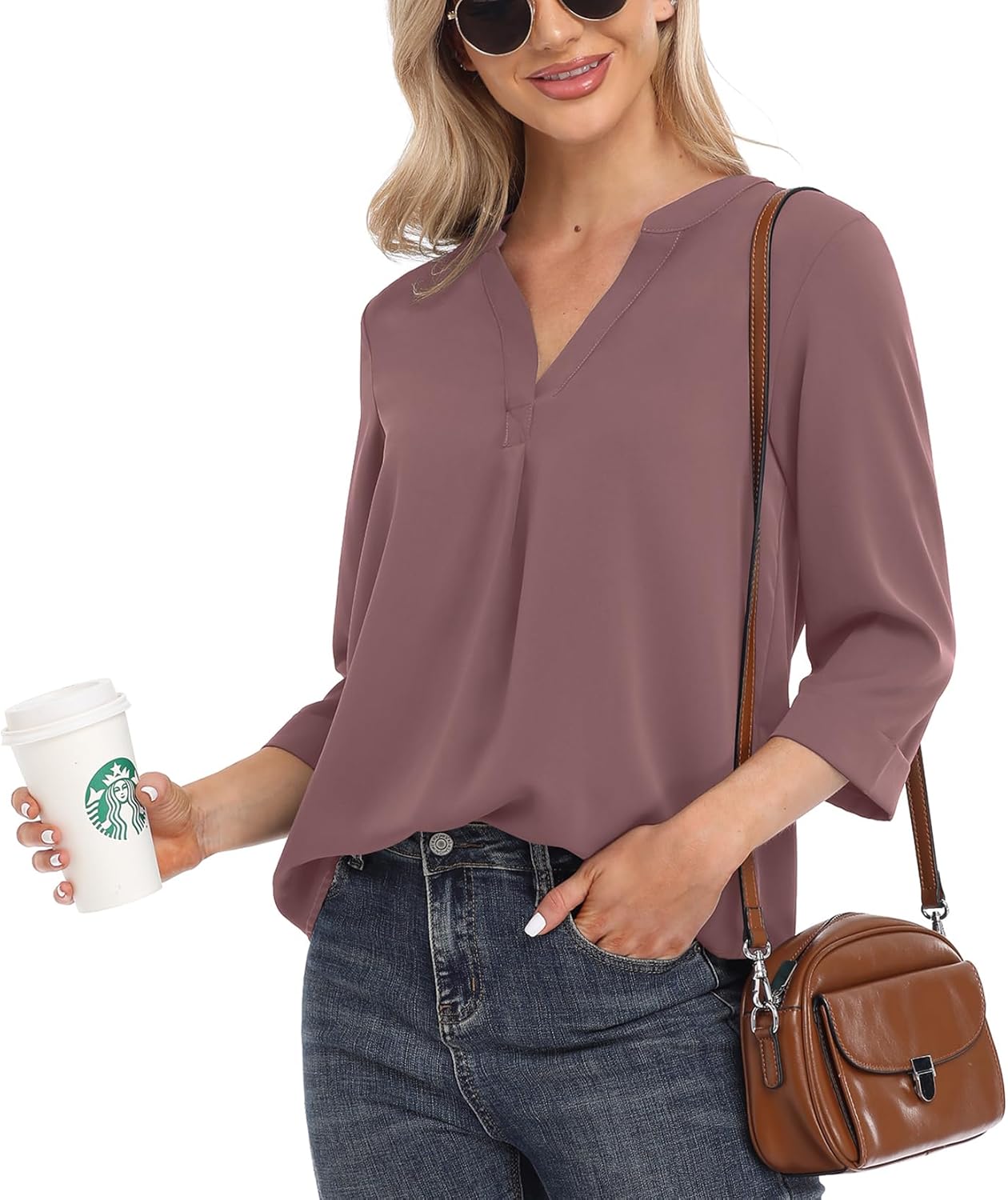 VIISHOW Womens Tops Casual Chiffon Blouses Tops 3/4 Sleeve V Neck Tunic Top Loose Shirt