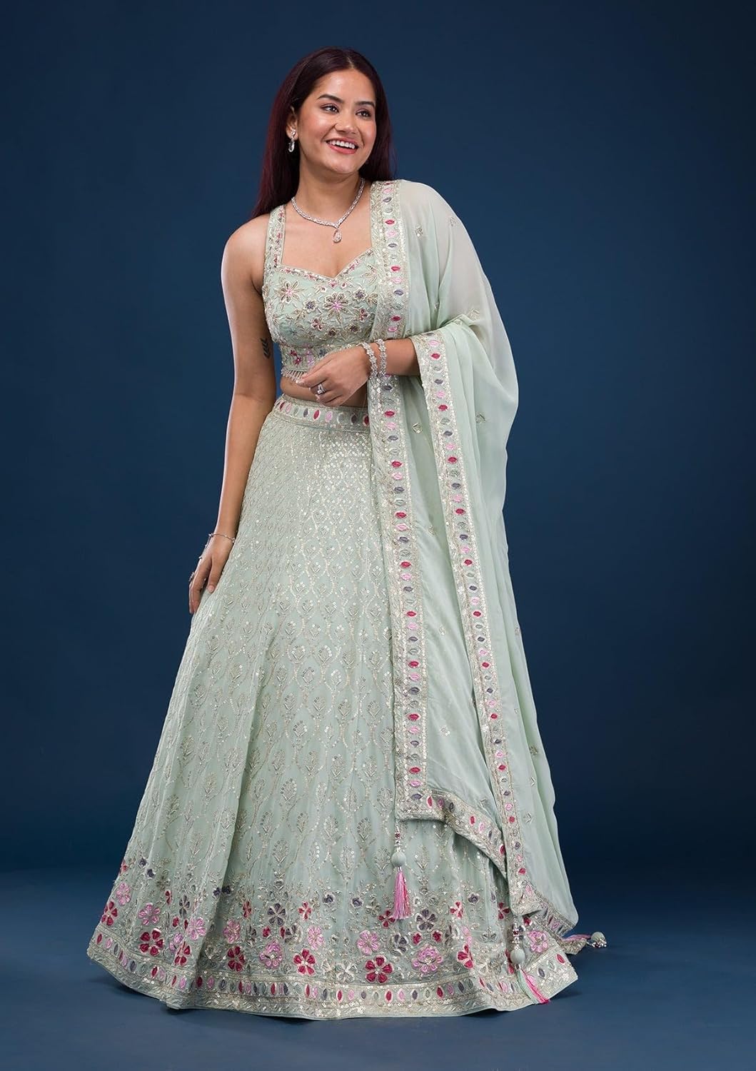 TRENDMALLS Women's LightGreen Georgette Embroidery Sequence Work Lehenga Choli Blouse with Dupatta For Women - Image 4