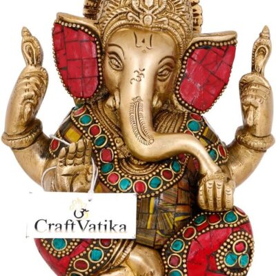 Lord Ganesha Brass Statue | Hindu God Ganesh Blessing Ganpati Sitting Idol Sculpture | Christmas & New Year Gifts for Family Friends