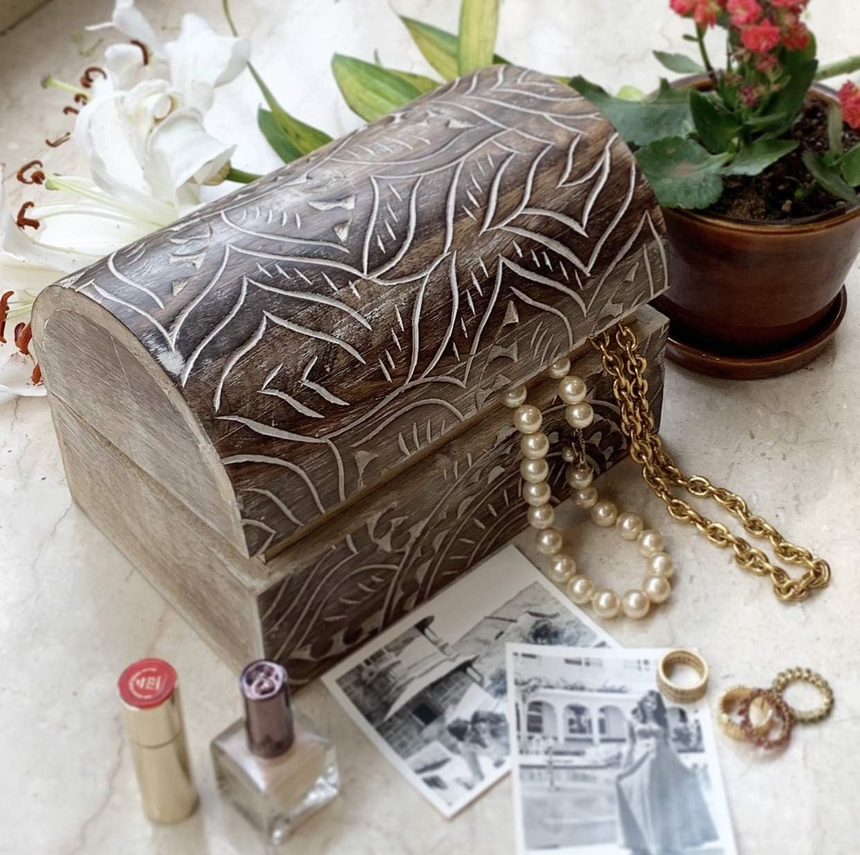 Great Birthday Gift Ideas Handmade Decorative Wooden Jewelry Box Treasure Box Jewelry Organizer Keepsake Box Treasure Chest Trinket Holder Lock Box Watch Box 9 x 6 Inch Great Gift Ideas (Brown) - Image 2