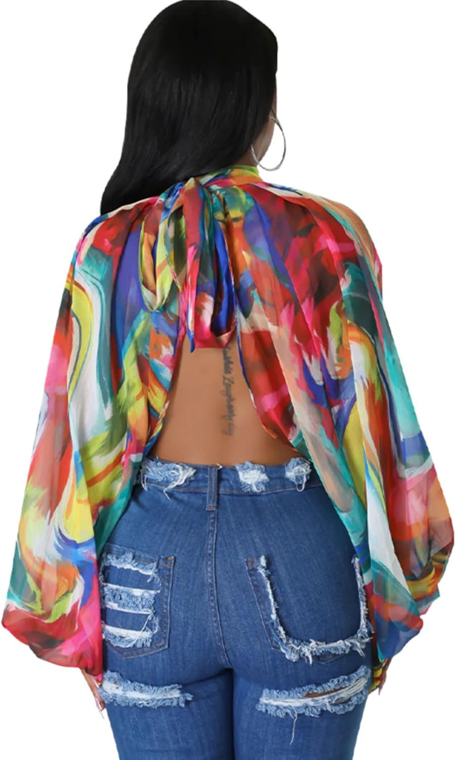 Sexy Tops for Women Party Club Night Batwing Sleeve Chiffon Sheer Self Tie Back Front Open Women Shirts Casual Summer - Image 6