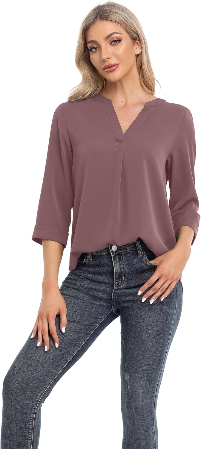 VIISHOW Womens Tops Casual Chiffon Blouses Tops 3/4 Sleeve V Neck Tunic Top Loose Shirt - Image 3