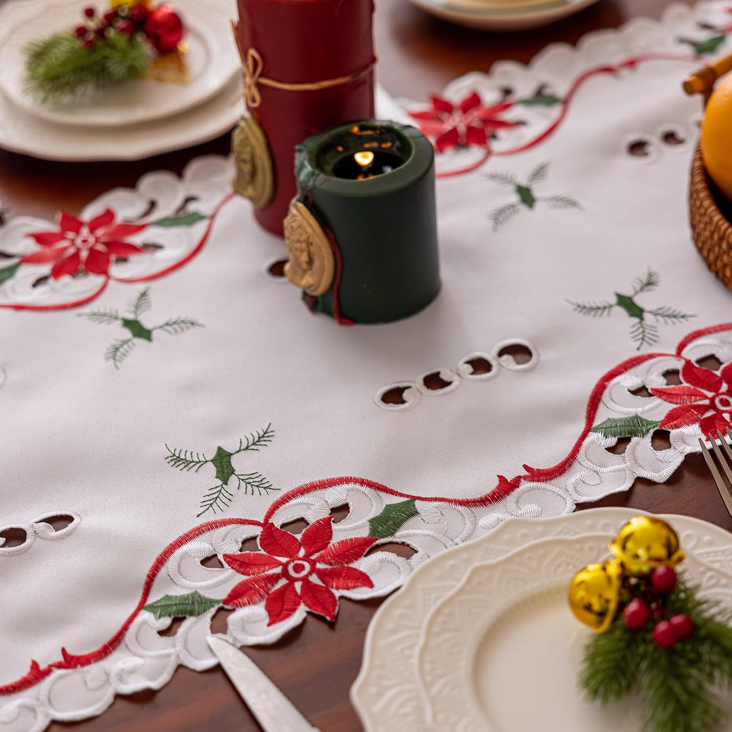 Joyfol Day Christmas Embroidered Table Runner 14 x 33 Inch, Cutwork Poinsettia Holly Leaves Candle Bell Table Runners, Tabletop Decoration for Winter Holiday Xmas/Dinner Party - Image 4