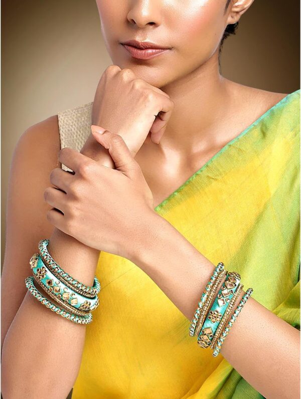 Aheli Ethnic Handmade Silk Thread Faux Stone Studded Bangle Set Bracelet Chudha Indian Wedding Festive Wear Fashion Jewelry Gift for Women Blue - Image 2
