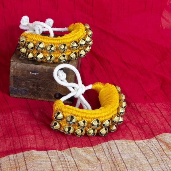 Kathak Ghungroo Pad 2 Line (20+20) 16 No Bells Indian Professional Handmade Dancing Big Bells Pair Classical Dance Accessories I Anklet for Kids and Adults (TG-Yellow 2 Line) - Image 2