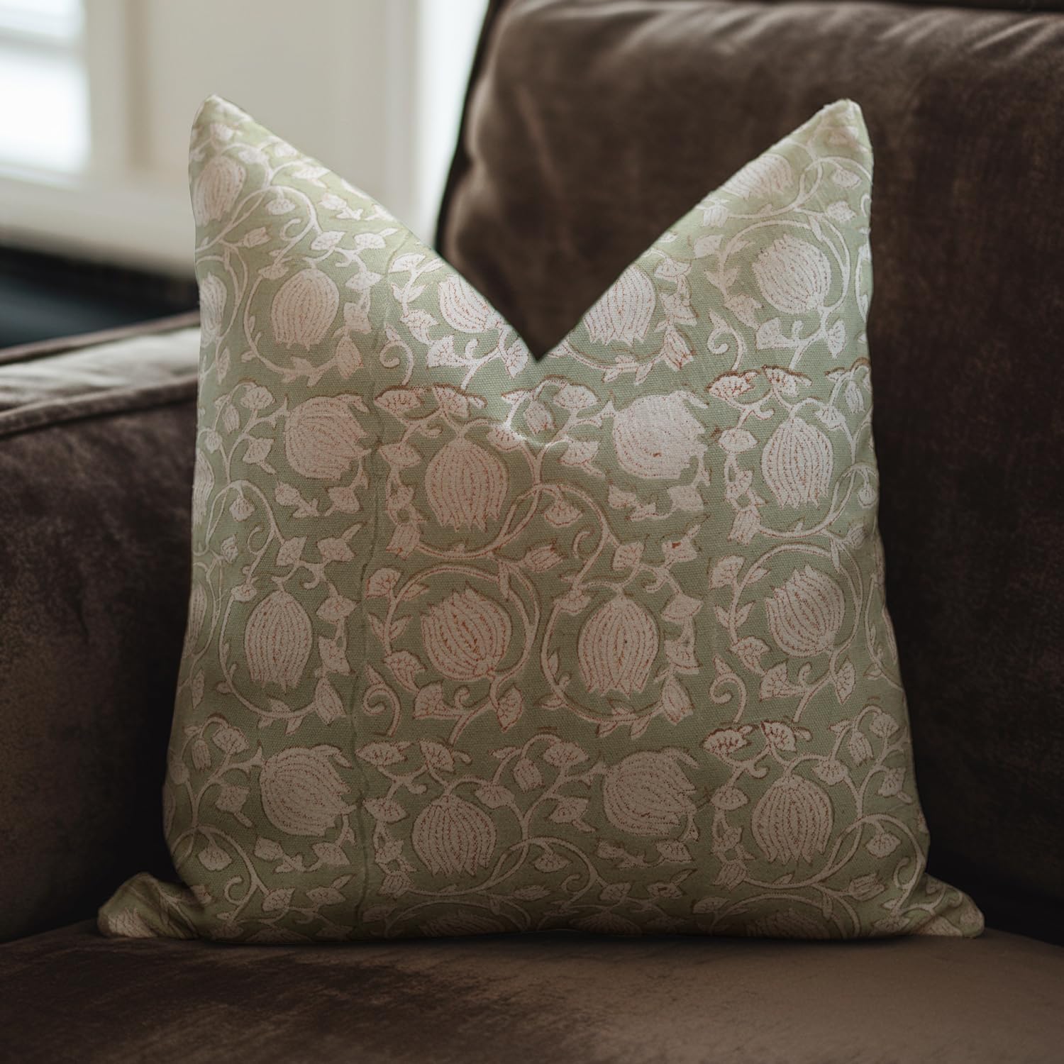 Handmade Block Print 14x14 Inches Cotton Throw Pillowcase Cushion Cover with Invisible Zipper for Sofa, Couch, Fall, Christmas Decoration, Farmhouse, Six Kamal, Light Green