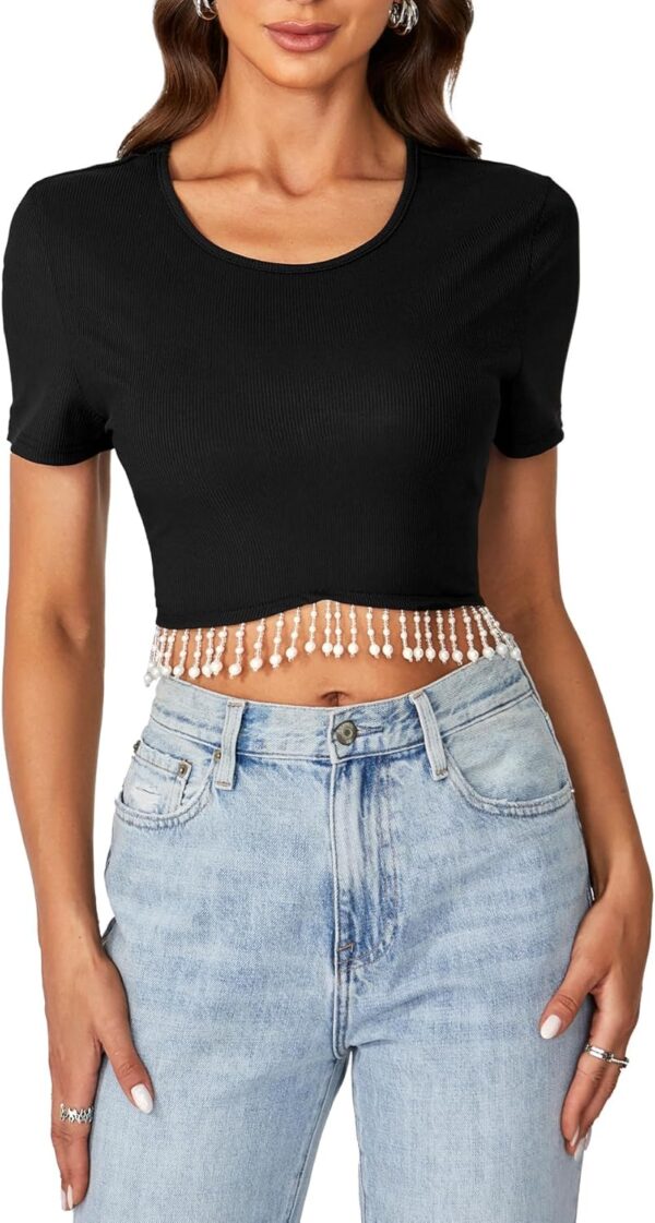 LYANER Women's Round Neck Short Sleeve Tassel Trim Hem Rib Crop Top Blouse - Image 5