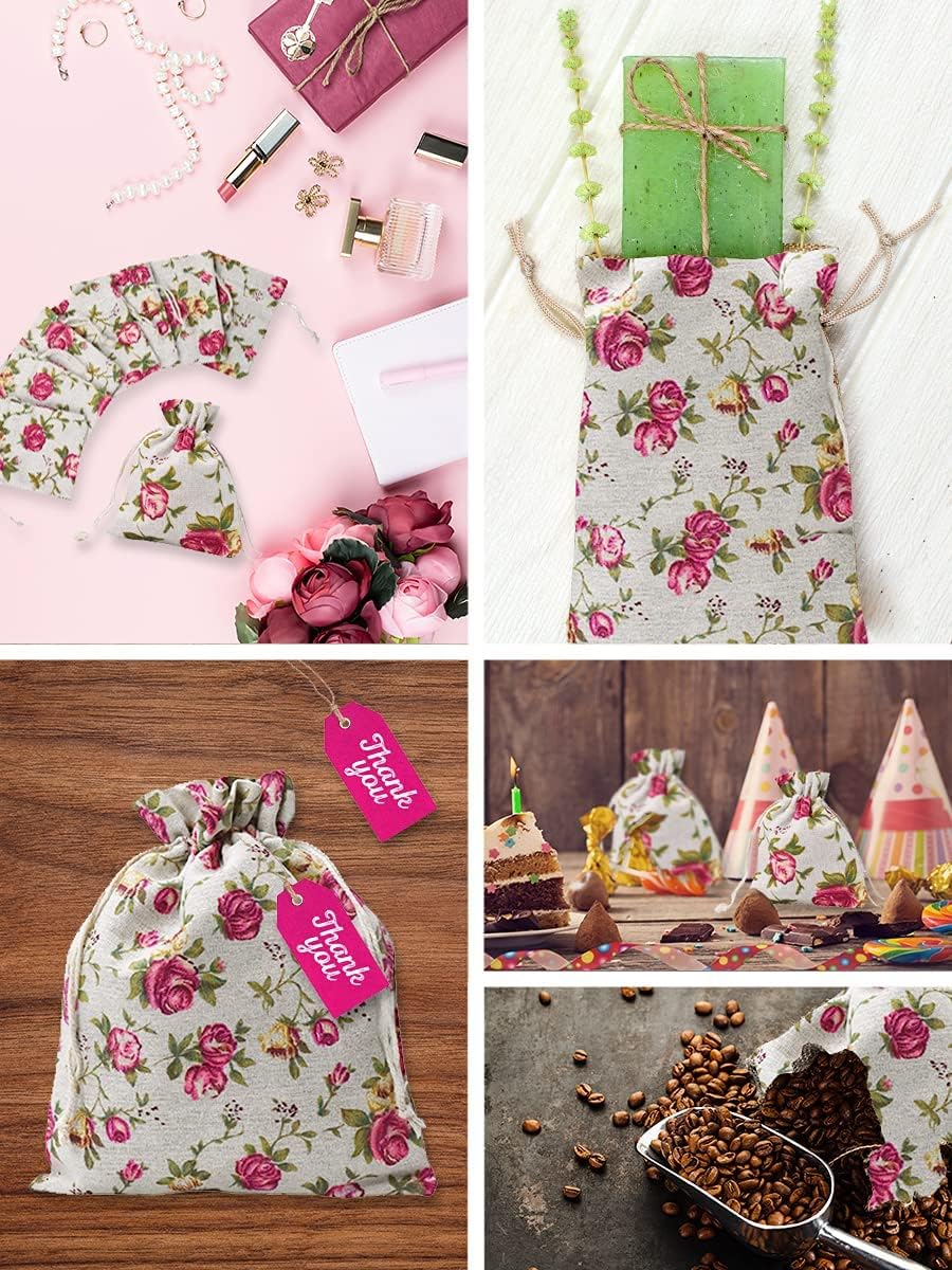 Mandala Crafts Rose Burlap Drawstring Bags - Floral Gift Bags – Flower Linen Burlap Bags with Drawstring Small Pouches for Wedding Party Favor Jewelry 30 Bags 6X8 Inches - Image 4
