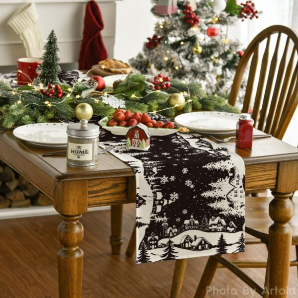 Artoid Mode Igloo Pine Snowflake Silhouette Christmas Table Runner, Black Seasonal Winter Kitchen Dining Table Decor for Home Party 13x72 Inch - Image 2